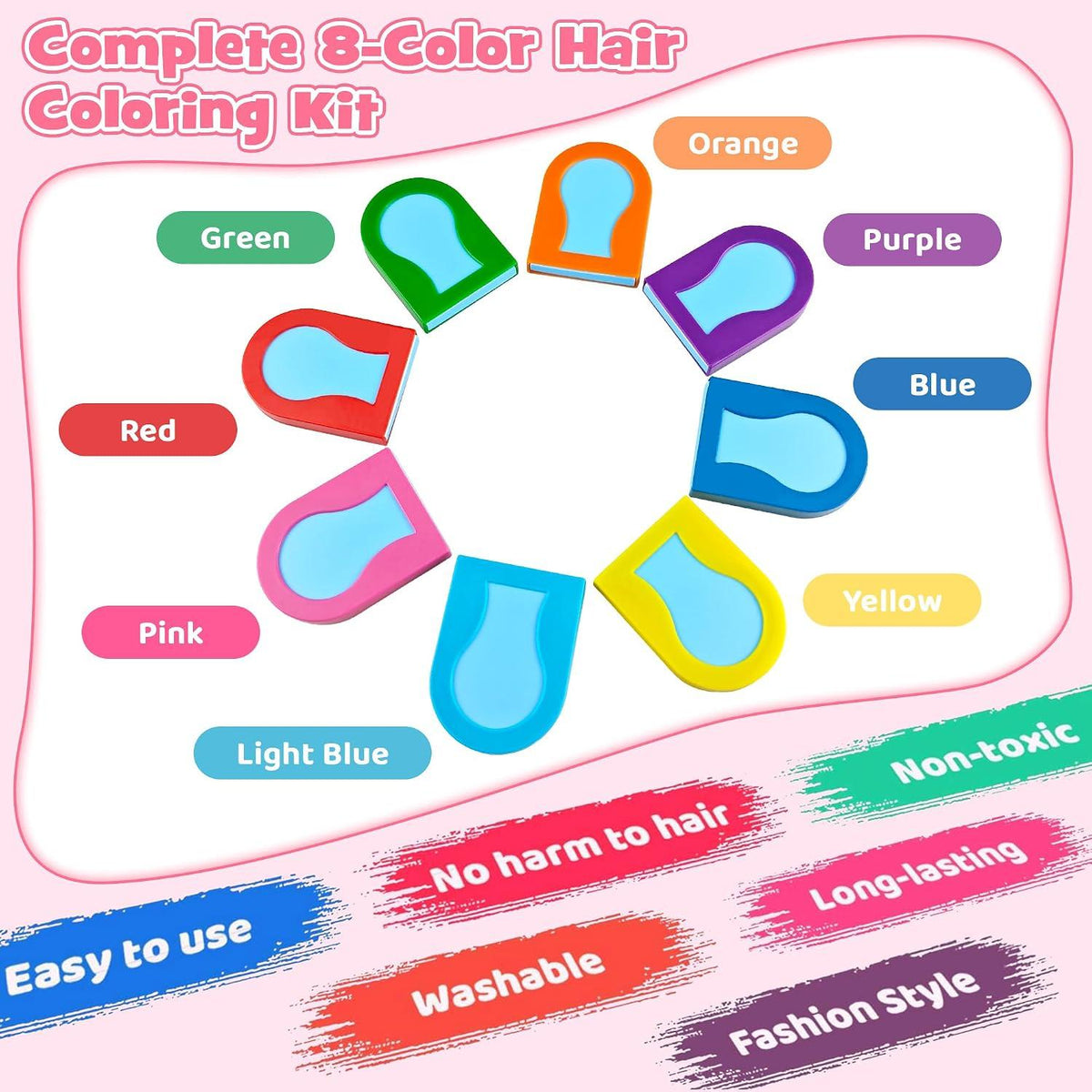 Hair Chalk Powder Set – Washable Temporary Hair Color, 8 Bright Colors for Kids & Parties