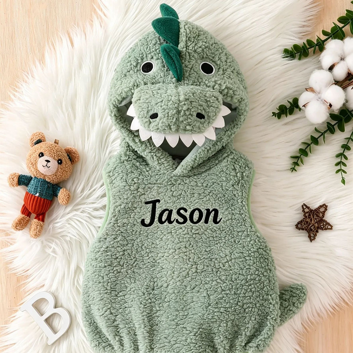 Custom Name Dinosaur Hooded Baby Romper – Fuzzy Sleeveless Costume Bodysuit