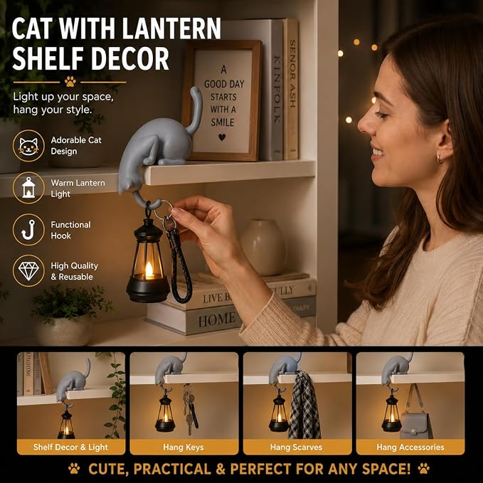 Cat Lantern Shelf Decor – Bookshelf & Table Decoration